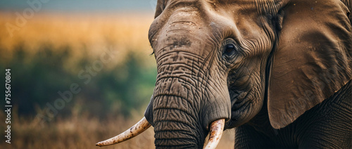 Close-Up Portrait of an Elephant in a Golden Grassland at Dusk