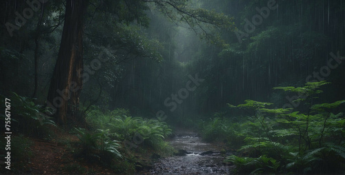 Serene Rainy Day in a Lush Green Forest With Mist Filling the Air