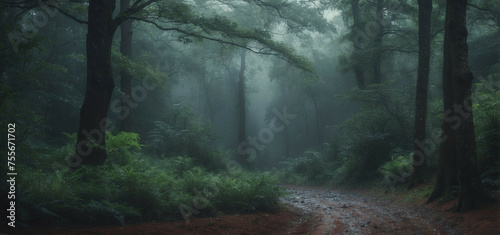 Misty Rainfall Shrouding a Serene Forest Path