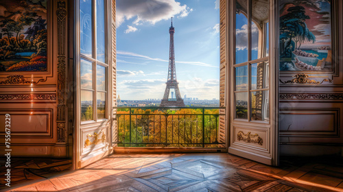 View of the Eiffel Tower and the Seine River through the open balcony window of a vacation rental apartment on the Right Bank in Paris. Travel, real estate in Paris for sale, booking, rent.