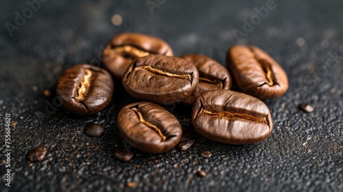 Dark, glistening coffee beans stacked on a black surface, the play of light and shadow accentuates their oily sheen and rich hues, inviting the viewer to savor the allure of this aromatic delight.