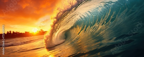 view of large ocean waves at sunset