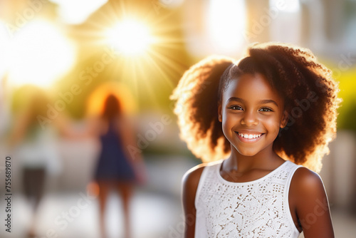Young african american girl smiling happy standing at the city during sunset. Portrait of beautiful biracial girl smiling and looking at camera. Outdoor portrait of a smiling black girl