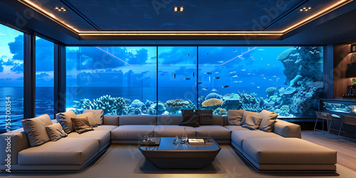 interior of a luxury hotel under a large aquarium 