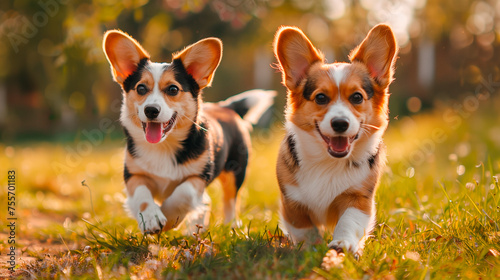 two corgie playing in the grass