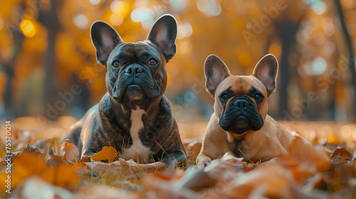 two french bulldogs sitting in the grass