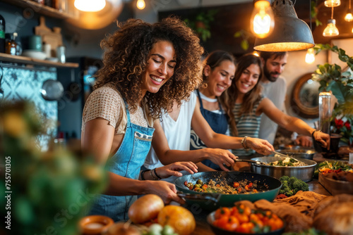 A group of people are cooking and laughing together in a kitchen