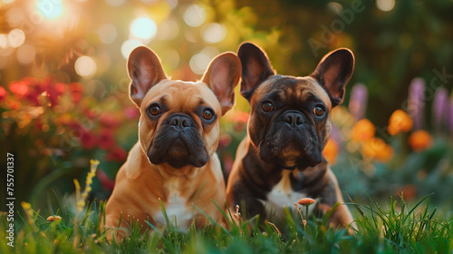 two french bulldogs sitting in the grass