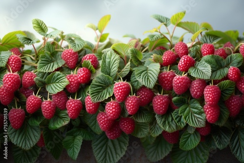 Amidst lush foliage, ripe red raspberries beckon, epitomizing nature's sweet summer harvest.