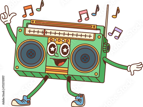 Groovy retro tape recorder cartoon character. Hippie happy character, vintage cheerful boombox personage or retro funny music player isolated vector sticker. Cute dancing tape recorder 60s mascot