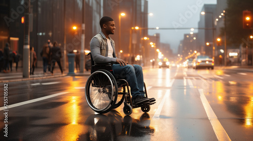 Handicap Man In A Wheelchair Crossing The Road In The City 