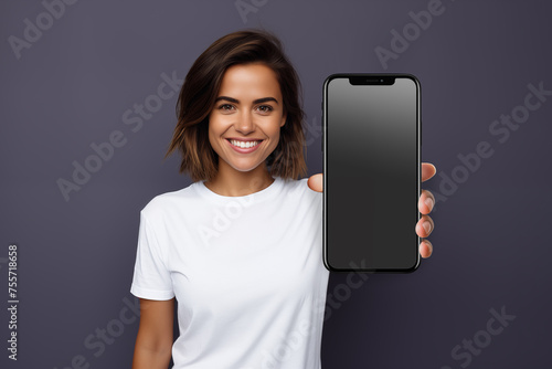 Close up of woman hand holding blank screen smartphone mockup