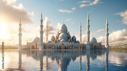 Large white mosque against blue sky and water, islamic background.Eid ul fitr, Ramadan Kareem,Eid al Adha, Eid Mubarak.
