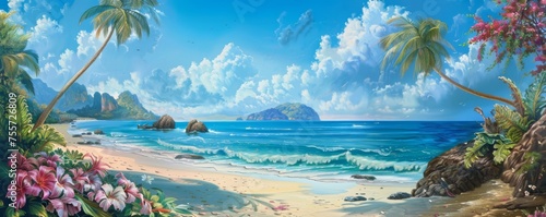 Panoramic view of a tropical beach with palm trees, blooming flowers, and distant mountains.