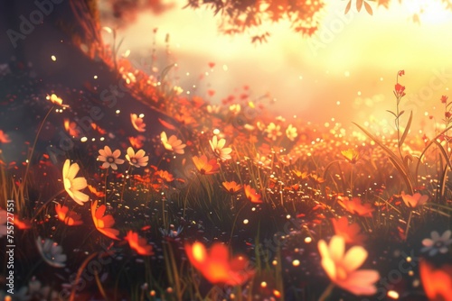 Amidst a tranquil and introspective ambiance. a blossoming field radiates under the soothing sun. bathed in the warm tones of dark orange and light beige. with a touch of lens flare