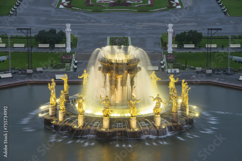 Beautiful Fountain Friendship Of Nations in VDNKh at night in Moscow, Russia