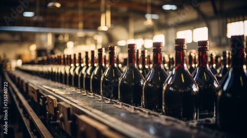 Production line of wine bottles at a winery, depicting the bottling phase in wine manufacturing.
