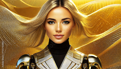 Portrait of a beautiful young woman with blonde hair, half human and half robot, on a bright golden background. Artificial intelligence concept. Generative Ai.