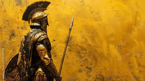 Spartan king demigod, clad in golden armor, wields spear and shield with battle-worn grunge backdrop.