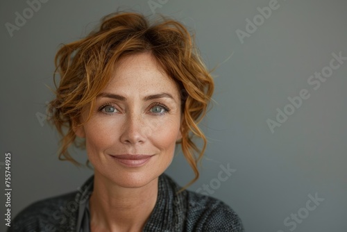 Mature woman model radiates joy, her skin glowing with dermatology care and good health.