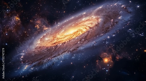 view of a majestic spiral galaxy, with its arms stretching out into space, dusted with countless glittering stars and veils of interstellar dust.