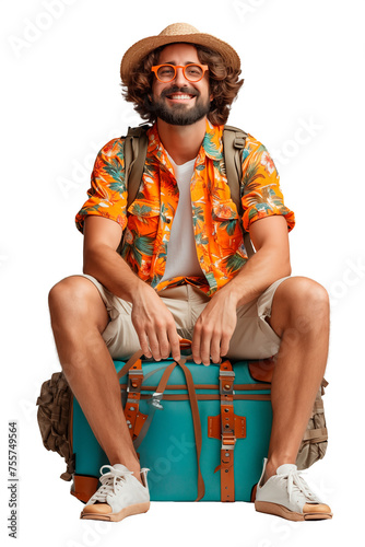 Front view of young tourist man smiling and wearing a straw hat, glasses and a flowered shirt sitting on her suitcase isolated on a cutout PNG transparent background