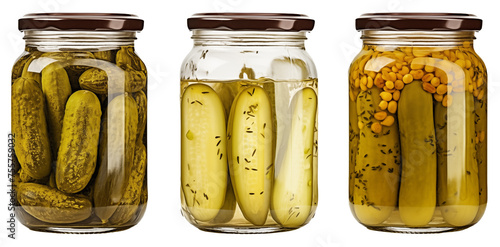 three pickle jars containing gourmet homemade pickled cucumbers with various spices