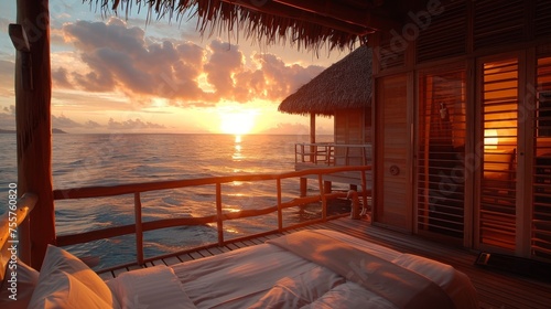 Romantic honeymoon getaway in overwater bungalow villas of Tahiti resort