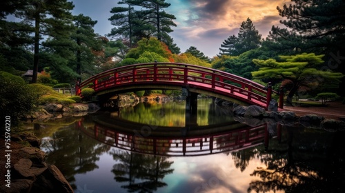A rainbow emerging from behind a traditional japanese bridge