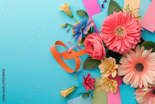 collage of a bouquet of flowers and children's crafts cut out from colored cardboard. spring mood. Postcard. mother's day, March 8, congratulate a woman, spring background, spring, 