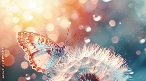Portrait morpho butterfly and dandelion flower with dew drops on sunrise background. generative AI