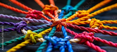 Diverse team unity and partnership concept with colorful braided rope background