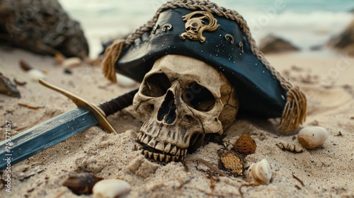 Lost at sea Captains skull adorned with hat and sword ashore sandy beach
