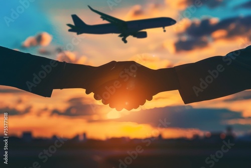 Silhouetted handshake with an aircraft descending in the background illustrating the reach and agreements of the travel industry