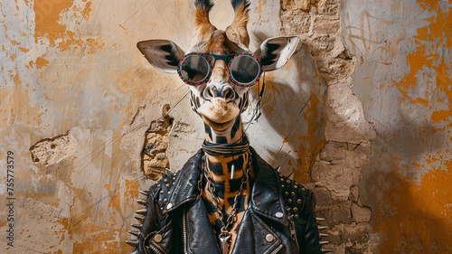 Giraffe in a punk rock outfit edgy and unexpected