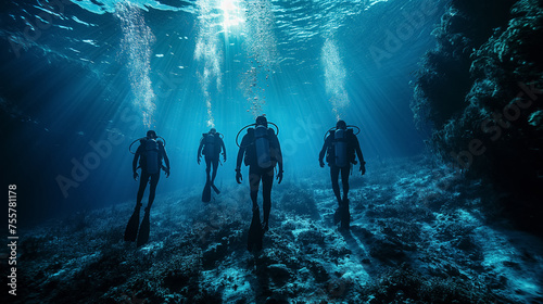 Scuba divers exploring underwater depths.
