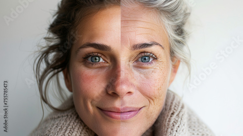 Half-face comparison of a woman's youthful and aged beauty.