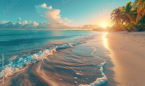 Leisure happy island idyllic nature. Beautiful tropical beach banner. Sunshine sea sky, white sand and coco palm trees.