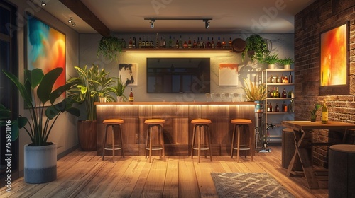 A modern home bar with a few stools, a large TV, and a few plants. The room is decorated with a warm color palette and a few abstract paintings, creating a cozy and inviting atmosphere.