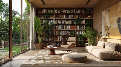 A modern home library with a few bookshelves, a large window overlooking a garden, and a few plants. The room is decorated with a neutral color palette and a few abstract paintings.