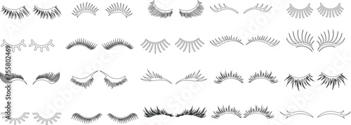 diverse eyelash styles collection. Hand drawn eyelashes, Perfect for beauty, makeup, cosmetics, personal care. Natural to decorative, upper and lower lashes