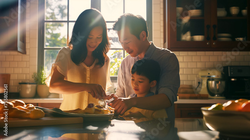 Portrait of a Chinese family while cooking breakfast together in the kitchen on a bright sunny day, Family Day and Mother's Day poster