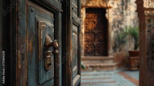 Ancient wooden door with old door handle and door lock