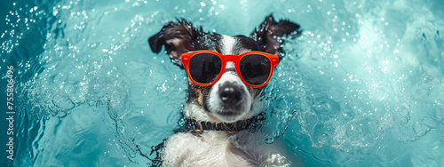Cute funny dog wearing sunglasses and floating in a swimming pool. Happy pet swim in ocean or sea, play in the water. Travel, summer vacation, holiday concept. Creative card or banner with copy space