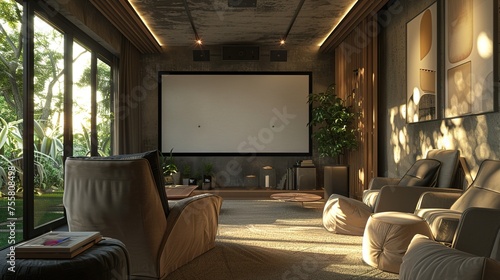 A modern home theater with a large screen, a few comfortable chairs, and a large window overlooking a garden. The room is decorated with a warm color palette and a few abstract paintings.