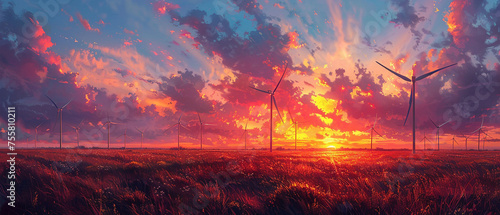 Wind turbines generate electricity. Wind farm field and sunset sky. Wind power. Sustainable, renewable energy. 
