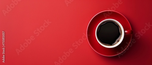top view of coffee cup on red background, hot black coffee