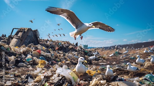 A landfill site with seagulls scavenging for food