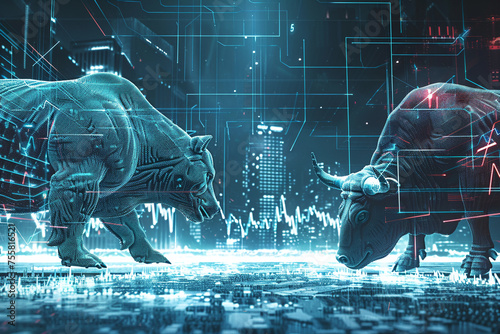 Bear and bull locked in a financial duel on a futuristic graph battlefield.