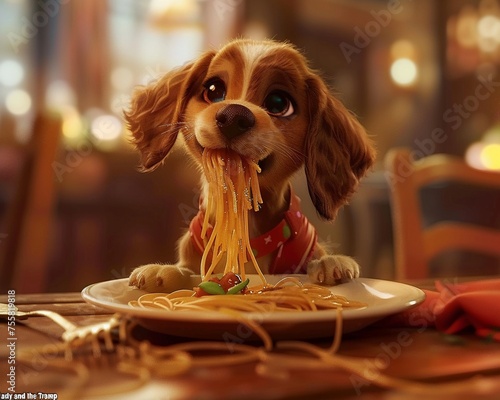 hyper realistic of A playful puppy trying to eat spaghetti like in the famous scene from "Lady and the Tramp".